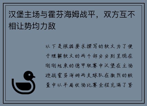 汉堡主场与霍芬海姆战平，双方互不相让势均力敌