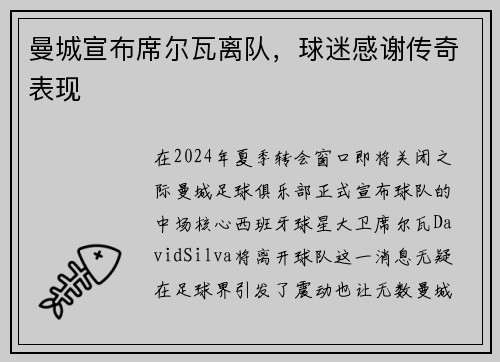 曼城宣布席尔瓦离队，球迷感谢传奇表现