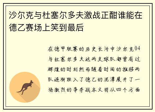 沙尔克与杜塞尔多夫激战正酣谁能在德乙赛场上笑到最后